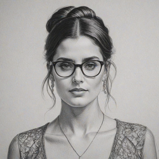 Elegant Nelly Furtado, pencil sketch, portrait of Enchanting woman 1973s in glasses, hair style beatnik, outline, clear lines, fine lines, 8k