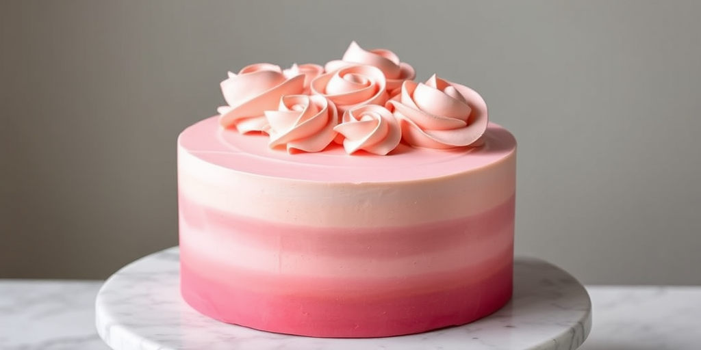 Create an image of a round cake with smooth pink ombre frosting and decorated with swirls of pink and peach buttercream flowers on top. The cake is placed on a marble cake stand and has a minimalist design with a clean finish.
