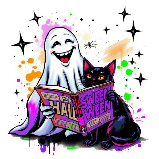 Image of a ghost and a black cat laughing exaggeratedly , and reading a comic halloween comic book, alcohol ink airbrush style, funny halloween theme, white background with neon purple, neon orange, neon green splash, black sparkles stars , dazzling BG