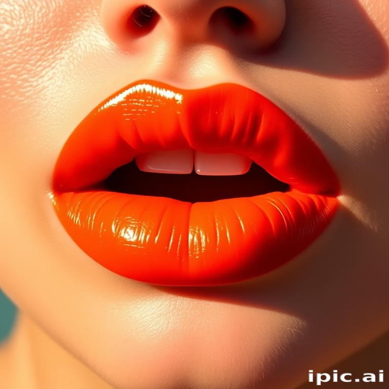 Exotic "Sunset Orange" lips radiating warmth with a vibrant, satin-finish tangerine hue, perfectly blended for a sun-kissed glow