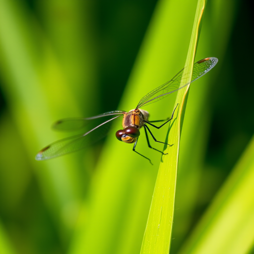 Capture a close-up image of a dragonfly resting on a leaf with a blurred green background, using a macro lens at f/2.8, shutter speed 1/500s, ISO 200, natural daylight, and a Canon DSLR camera.