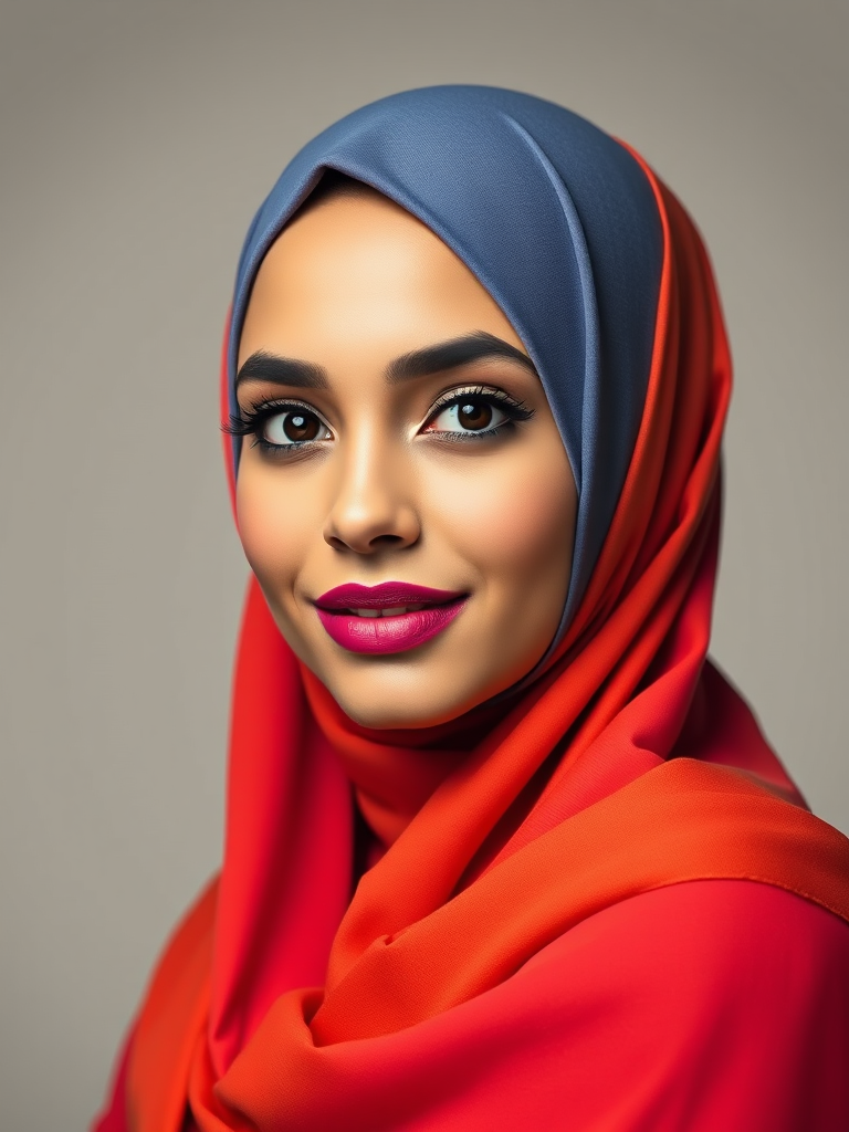 Create a vibrant, geometric portrait of a woman wearing a hijab, emphasizing bold colors and sharp angles, shot with a Canon EOS R5 at f/2.8, 50mm lens, in a studio setting with soft lighting and a neutral backdrop.