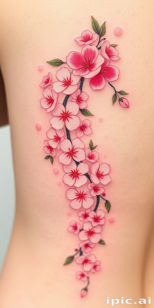 Elegant "Cherry Blossom Cascade" tattoo features delicate pink and white flowers cascading down the body in a graceful arc. Soft watercolor effects create a dreamy, romantic atmosphere, while fine black linework adds definition to each petal. Subtle green leaves and branches provide contrast, completing this beautiful and feminine design inspired by Japanese art and nature.