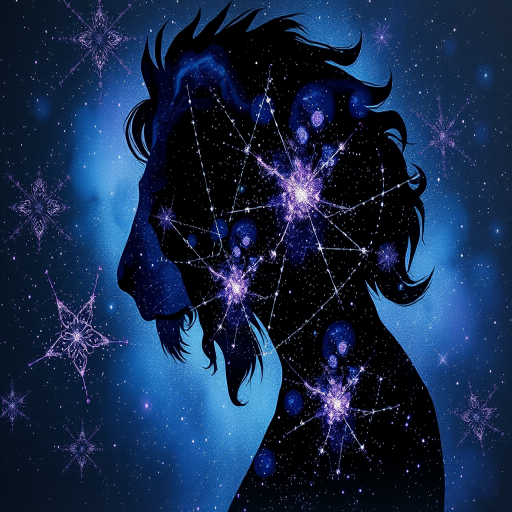 Captivating conceptual render alcohol ink art, double exposure, the paint strokes artfully merge combining a woman's full silhouette with a Ladybug crawl's silhouette. The figures are composed of a series of colored dots, lines & spots that evoke the image of a cosmic galaxy, colors are deep shades of blue purple & black with flashes of white & silver representing distant stars. The woman's silhouette is formed within the lion's silhouette from constellations of scattered stars, surreal
