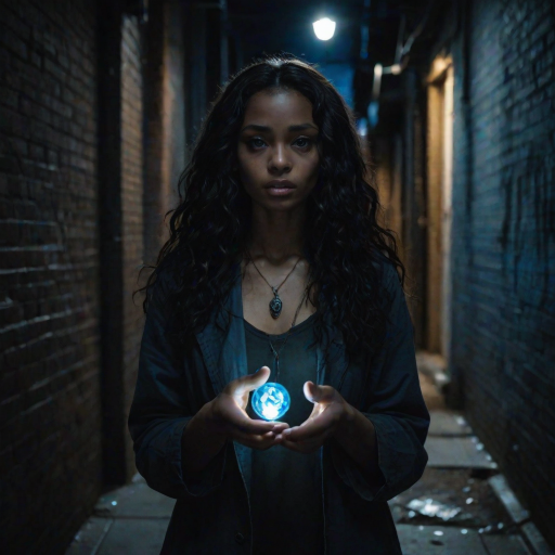 A young woman with deep brown skin and long, curly black hair stands in a dimly lit alley, her eyes wide with fear. She clutches a small, glowing amulet in her hand. A tall, pale man with sharp features and piercing blue eyes looms over her, his expression cold and calculating. The scene is bathed in a cold blue light from a nearby streetlamp, casting long, ominous shadows. The background is gritty and urban, with graffiti-covered walls and discarded trash. The style is reminiscent of Christopher Nolan's dark, moody cinematography, with high contrast and a blue tint. Film grain adds to the gritty, realistic texture.
