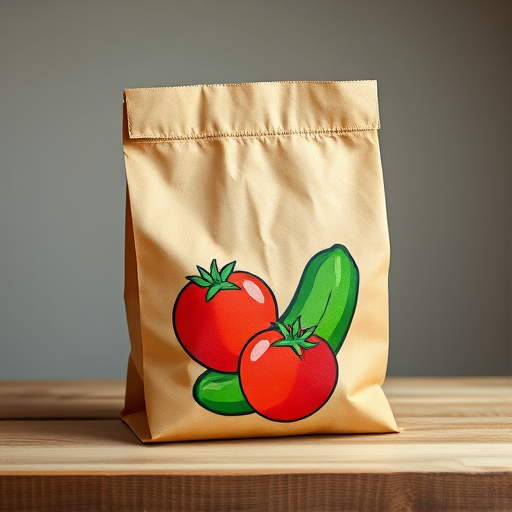 Generate a high-quality illustration of a brown paper bag with a colorful design featuring a red tomato and a green cucumber on the front, captured with a DSLR camera at f/5.6 aperture, ISO 100, with a 50mm lens, taken from a slightly elevated angle to enhance depth and detail.