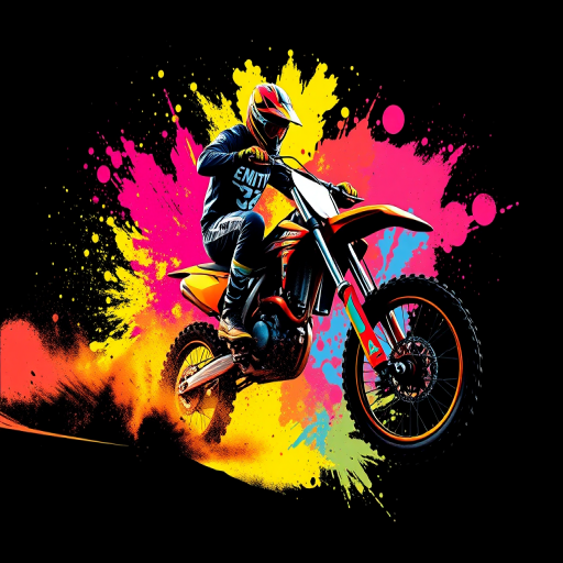 Create a vibrant, high-contrast illustration of a motocross rider in action with dynamic splashes of color, using a DSLR camera with a 50mm lens at f/2.8, ISO 200, and a shutter speed of 1/1000 seconds, capturing a low angle view to emphasize motion and adrenaline.