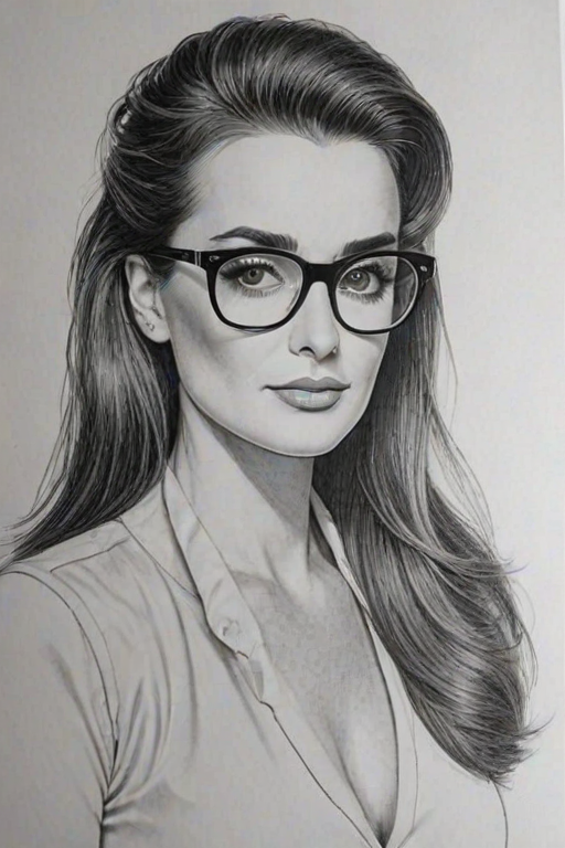 Sublime Kyle Richards, pencil sketch, portrait of Ravishing woman 1980s in glasses, hair style beatnik, outline, clear lines, fine lines, 8k