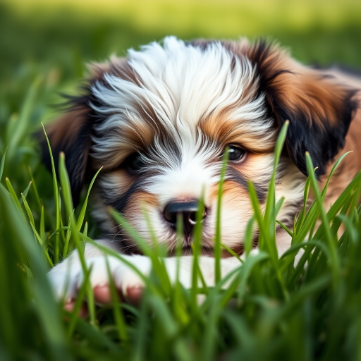Capture a close-up shot of a fluffy puppy resting in lush green grass with a shallow depth of field, using a DSLR camera with a 50mm lens at f/2.8, ISO 200, and a shutter speed of 1/200 sec, in natural daylight to enhance the image quality.