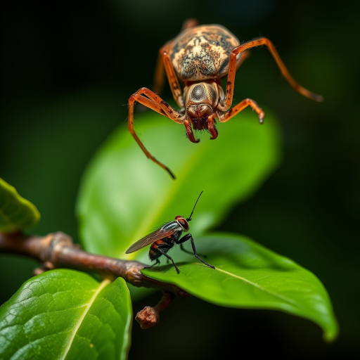 Spectacular photography, 300dpi, digital noise free, extremely clear, ultra-realistic, inside focus, best angle view, with intricate details of a small and tiny fly, standing on a branch of a tree, partially covered with green leaves. A large and majestic spider, jumping over the fly, right in front of the fly with its body arched and the sting completely out of its abdomen pointing at the fly's body and prepared in an attacking and aggressive position, stares at it and watches stealthily. Both within focus . Proportion of size. Light of day. National Geographic style