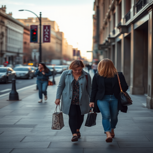 regenerate the image of two women walking on a city sidewalk during the day, with a shallow depth of field, using a Canon EOS R5, f/2.8 aperture, ISO 200, focal length 50mm, capturing a candid street photography style in natural light