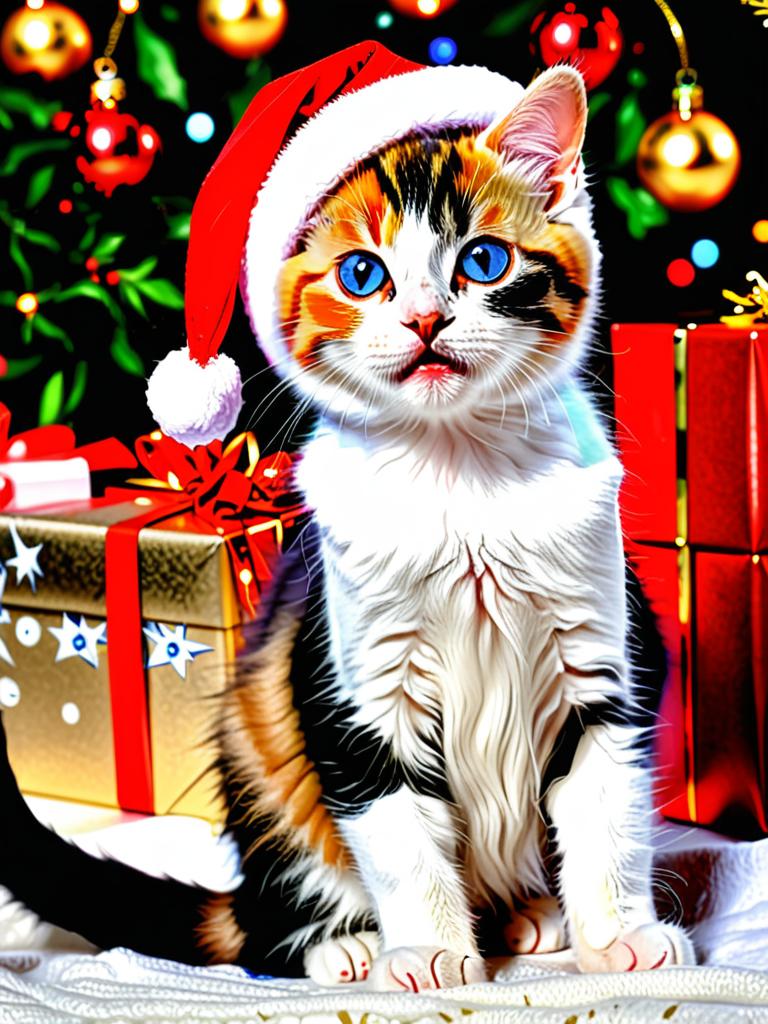 A Festive Cat in a Santa Hat Surrounded by Christmas Gifts and Decorations.
