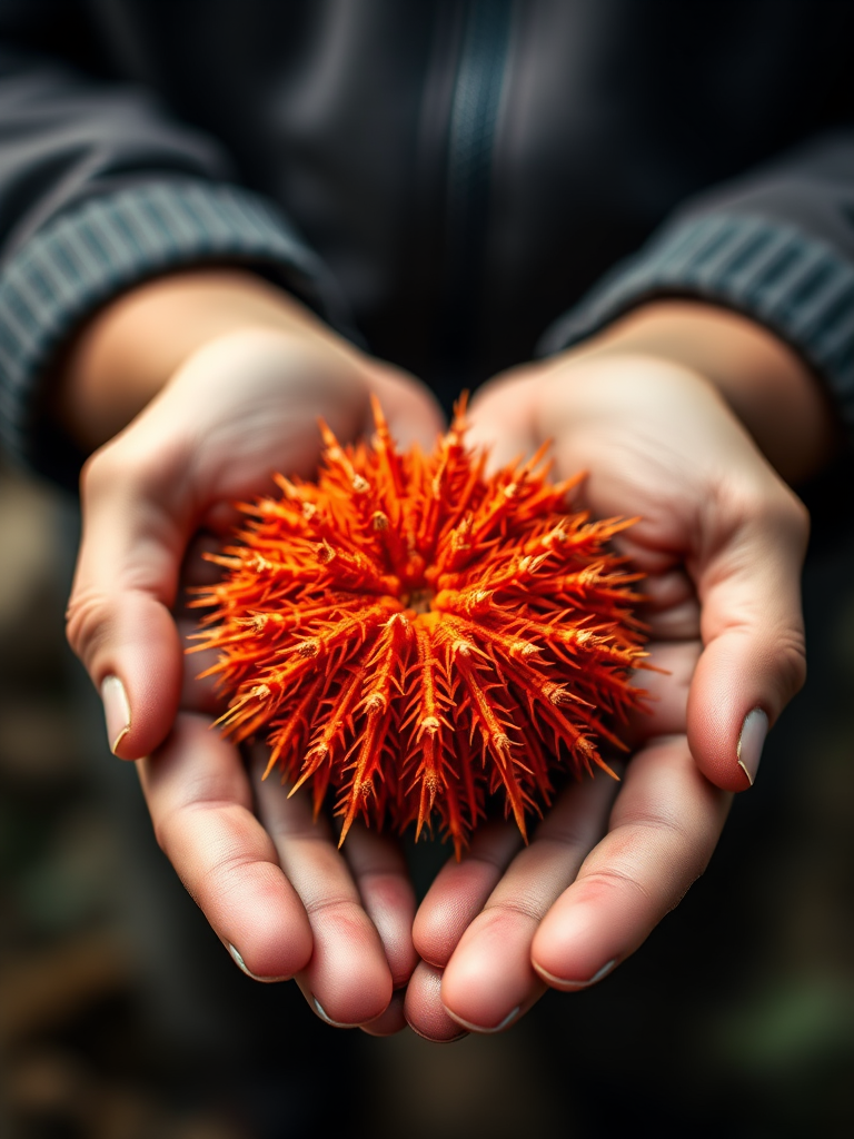Capture a close-up image of a person holding a vibrant orange sea urchin in their hands, with a shallow depth of field to create a soft background blur, using a DSLR camera set to f/2.8, ISO 100, and a shutter speed of 1/200 sec, focused on the texture and color of the sea urchin.