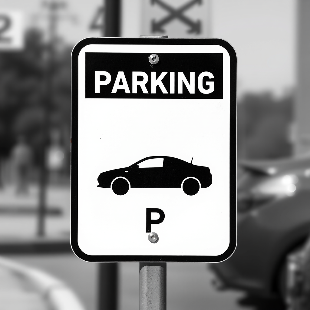Create a high-resolution image of a simple black and white parking sign featuring a car silhouette and a "P" symbol, using a DSLR camera with a 50mm lens, aperture set to f/2.8, ISO 200, and a shallow depth of field to emphasize details and clarity.