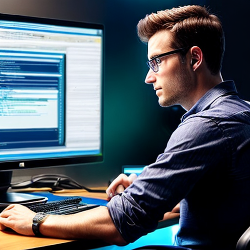 a cyber geek programmer coding on a high-tech work desk, dark, 4k ...