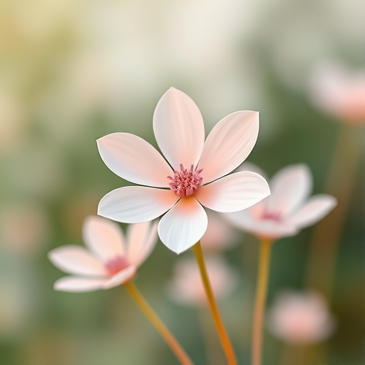 Create a vector-style illustration of minimalist flower shapes with smooth lines and soft pastel colors, capturing a serene aesthetic, using a Canon EOS R5 with a 50mm f/1.2 lens, set at ISO 100, f/2.8, and a shallow depth of field for a blurred background.