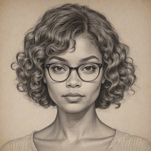 Charming Antonia Thomas, pencil sketch, portrait of Stunning woman 1955s in glasses, hair style beatnik, outline, clear lines, fine lines, 8k