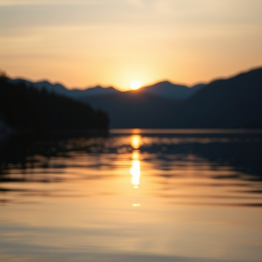 Soft-focus image of a peaceful lake at dusk, soft golden light from the setting sun reflecting off the water, with distant trees and mountains silhouetted against the evening sky.