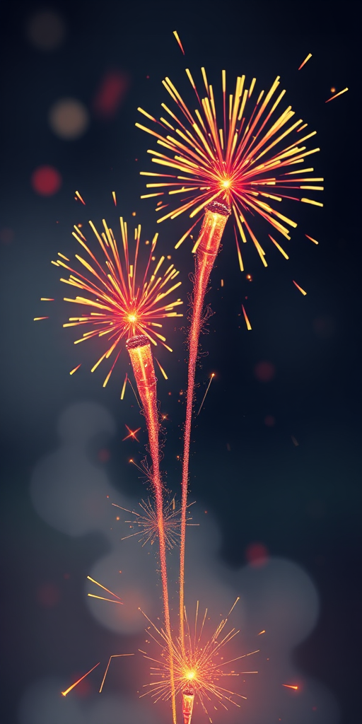 Create an illustration of two firecrackers with colorful sparks shooting upward, using a high-resolution digital art style, with a focus on bright reds and yellows, captured in a 50mm lens with a shallow depth of field, under soft afternoon light, using a DSLR camera.