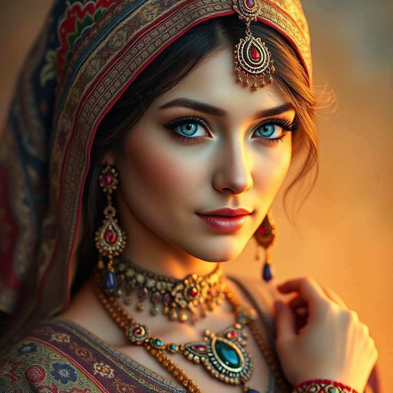 Create a portrait of a beautiful Persian woman with striking cyan eyes and a gentle expression. She is adorned in traditional attire with intricate patterns, including a richly embroidered headscarf and matching garments. Her jewelry includes a delicate headpiece, dangling earrings, and ornate bracelets, all featuring vibrant gemstones and detailed metalwork. The background is soft and warm, enhancing the rich colors of her outfit and jewelry.