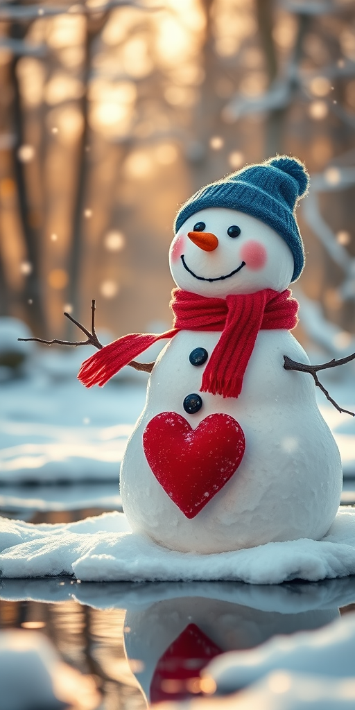 A cheerful snowman with a red heart placed on its chest, wearing a blue hat and a red scarf, sitting among a snowy landscape with soft falling snow, surrounded by a frozen pond reflecting the scene, captured with a Canon EOS R5, 50mm f/1.2 lens, aperture f/1.8, shutter speed 1/200 sec, ISO 100, soft focus background with warm sunlight filtering through the trees.