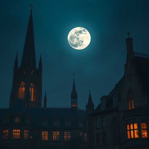 A mystical twilight cityscape with towering Gothic architecture under a large full moon, illuminated windows casting a warm glow, low angle view, f/8 aperture, ISO 100, 24mm lens, HDR style, DSLR camera.