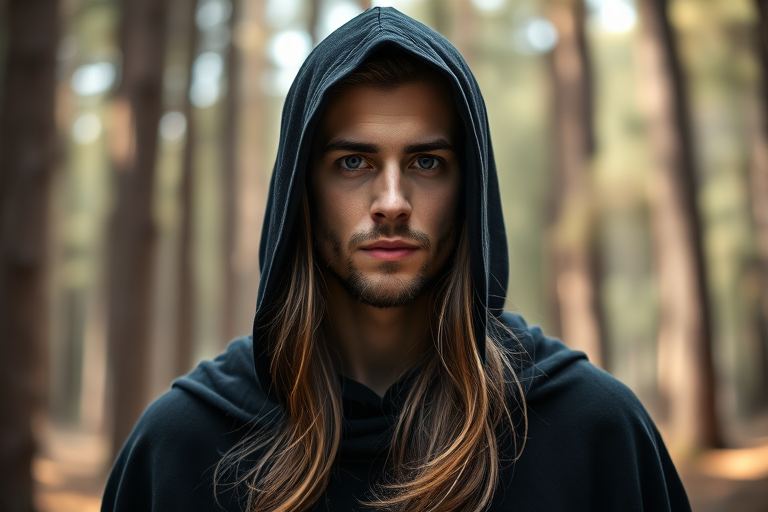 Portrait of a handsome man with long hair wearing a black hooded cloak, set in a mysterious forest with tall trees, natural lighting, shallow depth of field, f/2.8 aperture, 85mm lens, DSLR camera, vibrant colors and high contrast.