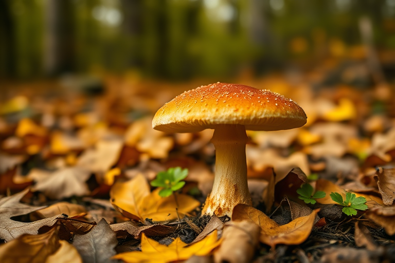mushroom in a forest with autumn leaves on the ground, soft focus background, natural light, aperture f/2.8, shutter speed 1/125s, ISO 100, shot with a DSLR from a low angle to emphasize the mushroom and surrounding foliage