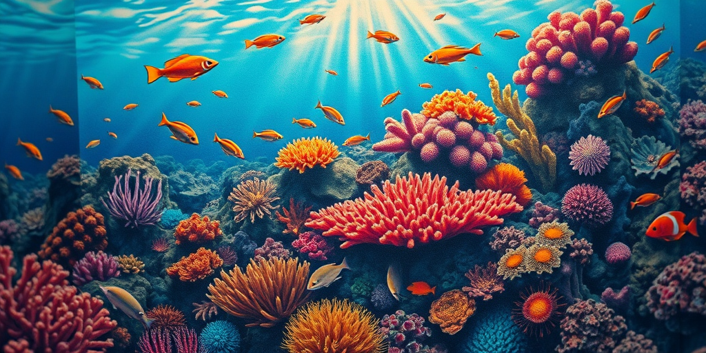 Realistic underwater scene tattoo showcasing a diverse coral reef ecosystem with vibrant marine life, utilizing color gradients and light refraction effects for an immersive aquatic experience