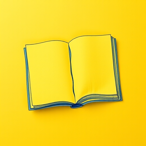 A vibrant yellow sticky note with a detailed, hand-drawn open book sketched in blue ink, top-down view, natural lighting, f/2.8 aperture, ISO 100, 50mm lens, DSLR camera.