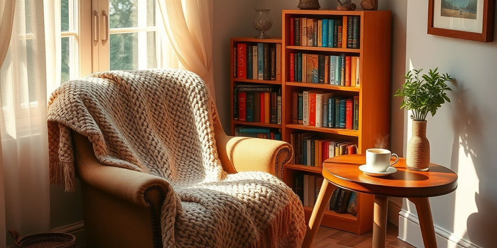 Cozy reading nook, featuring a large armchair with a knitted blanket draped over it, a small bookshelf overflowing with colorful novels, and a steaming cup of tea on a wooden side table, sunlight filtering through a window adorned with sheer curtains.