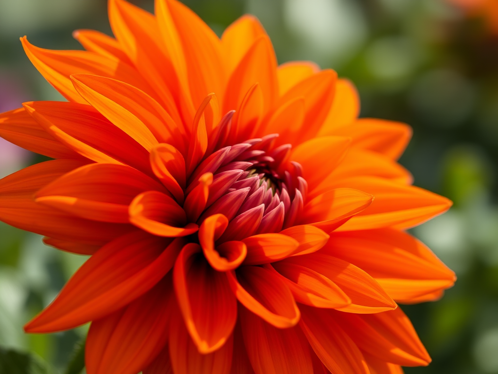 Close-up shot of a vibrant orange dahlia flower with detailed petals, natural lighting, f/2.8 aperture, 50mm lens, ISO 100, macro photography style, DSLR camera.