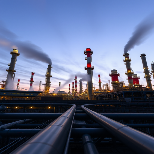 industrial refinery at dusk with illuminated towers and steaming pipes, wide-angle lens, f/8 aperture, ISO 100, 30 seconds exposure, DSLR camera, high dynamic range imaging