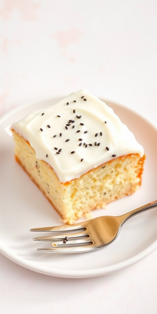 A slice of moist vanilla cake with poppy seeds topped with creamy white frosting served on a round white plate with a silver fork resting beside it. The background is a soft, light-colored surface that enhances the cake's texture and color.