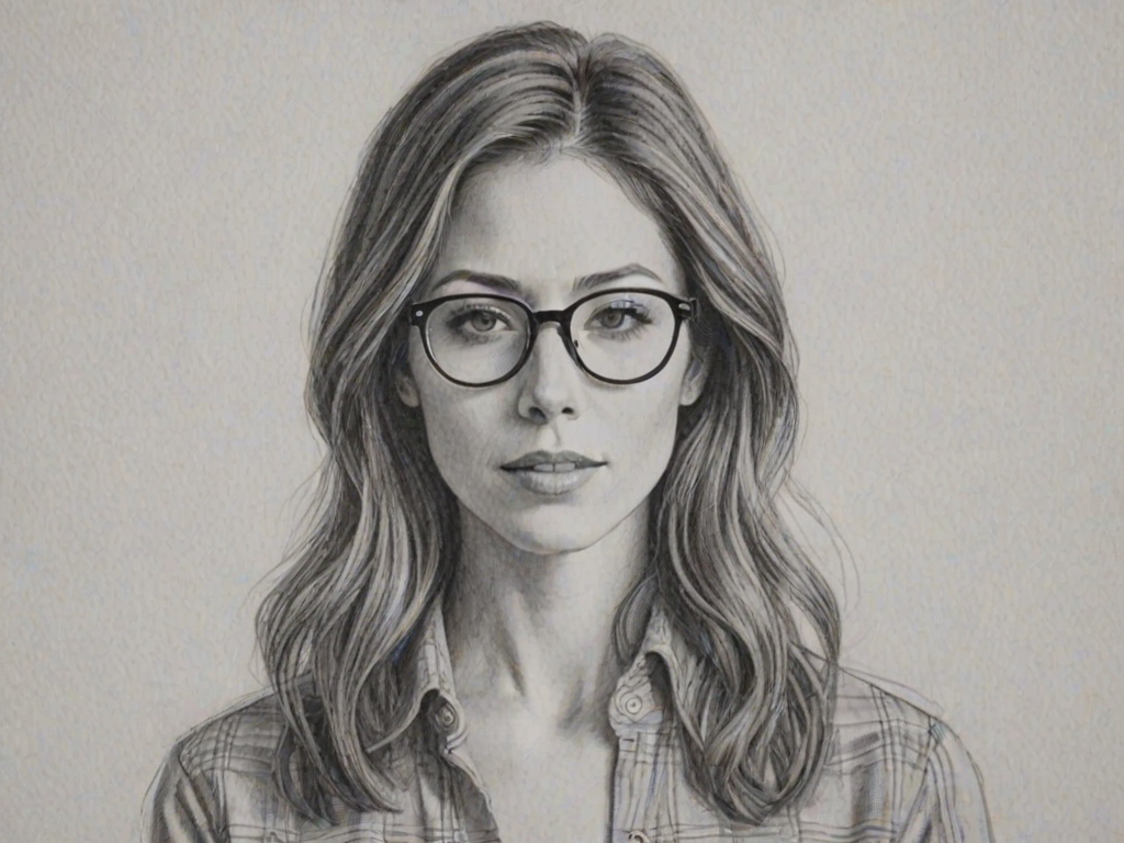 Superb Amanda Crew, pencil sketch, portrait of Splendid woman 1975s in glasses, hair style beatnik, outline, clear lines, fine lines, 8k