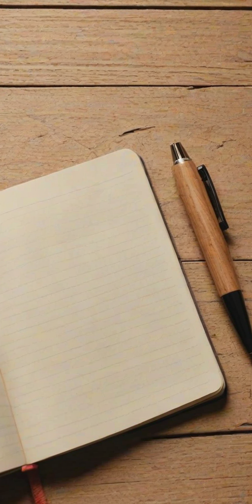 a blank open notebook on a light wooden surface with a pen and a pencil placed next to it