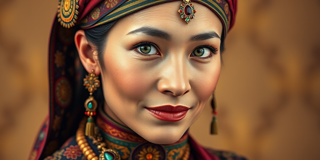 Create a portrait of a beautiful Tibetan woman with striking green eyes and a gentle expression. She is adorned in traditional attire with intricate patterns, including a richly embroidered headscarf and matching garments. Her jewelry includes a delicate headpiece, dangling earrings, and ornate bracelets, all featuring vibrant gemstones and detailed metalwork. The background is soft and warm, enhancing the rich colors of her outfit and jewelry.