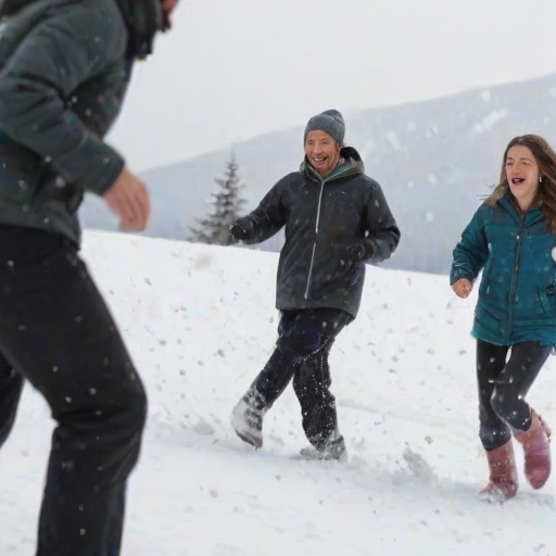 Blurry, candid shot of a group of friends playing in the snow, soft snowflakes falling around them, distant mountains in the background, and the sound of laughter and snow crunching underfoot filling the scene.