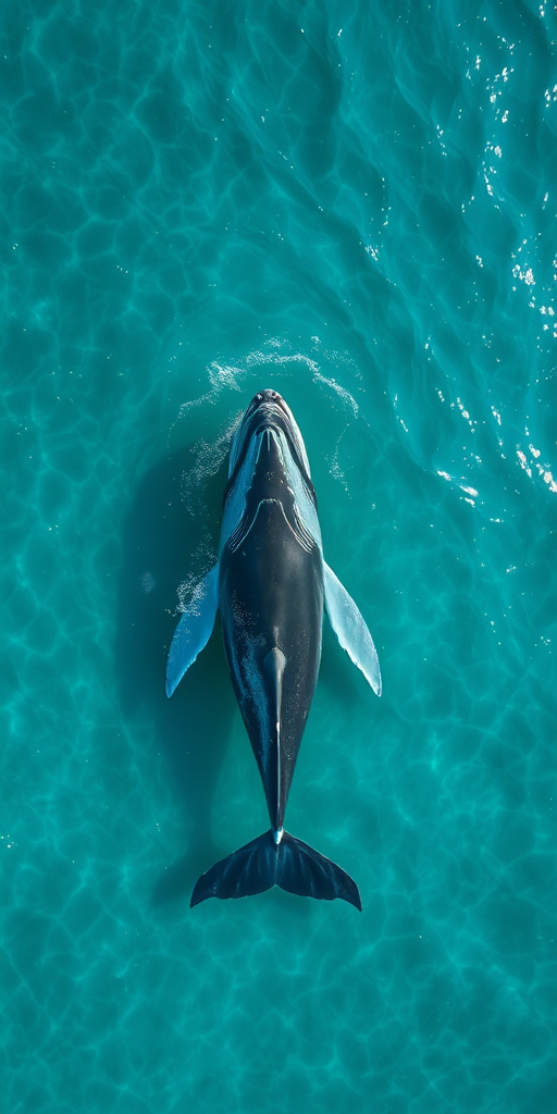 Aerial view of a large whale swimming in crystal-clear turquoise water, captured with a DSLR camera, 24mm lens, f/8 aperture, ISO 100, high dynamic range, vibrant colors, shallow depth of field.