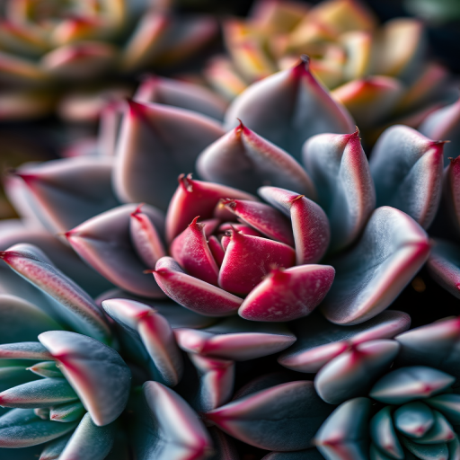 close-up of succulent plants with intricate details and contrasting colors, using a DSLR camera with a 50mm lens, aperture f/2.8, ISO 100, shallow depth of field, natural lighting, macro photography style