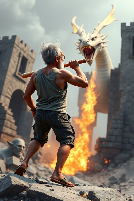 Cartoon 3D High-Resolution,dynamic battle scene using Unreal Engine 5 and Octane Render. The scene features back of an elderly, thai man with a beard,messy hair and round golden-rimmed glasses. He is wearing a tattered tank top with soot marks, shorts, and sandals. sweating. he wields a baseball bat. He jump to fight with a white fire-breathing Europe dragon amidst a partially destroyed stone castle. Include intense flames, smoke, and debris to enhance the dramatic effect.
