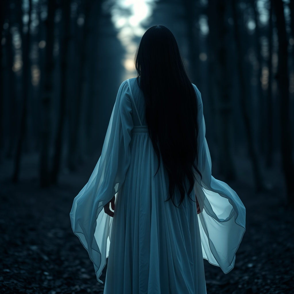 Generate a high-resolution image of a mysterious figure standing with their back facing the viewer, wearing a flowing white dress and long black hair, in an eerie forest setting at dusk, using a DSLR camera with a 50mm lens, f/1.8 aperture, ISO 200, and a shallow depth of field for a dramatic effect.