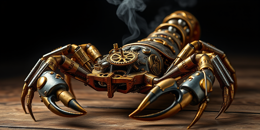 Create a high-intensity, high-resolution image of a steampunk scorpion, featuring intricate clockwork mechanisms and brass gears. The scorpion should have metallic limbs with elaborate jointed segments, showcasing a blend of Victorian-era aesthetics and futuristic technology. The body should be adorned with cogwheels, pistons, and small steam vents emitting a subtle mist, the front pinchers should up up and open. Capture the scene with dramatic lighting to emphasize the mechanical details, giving it a sense of motion and life