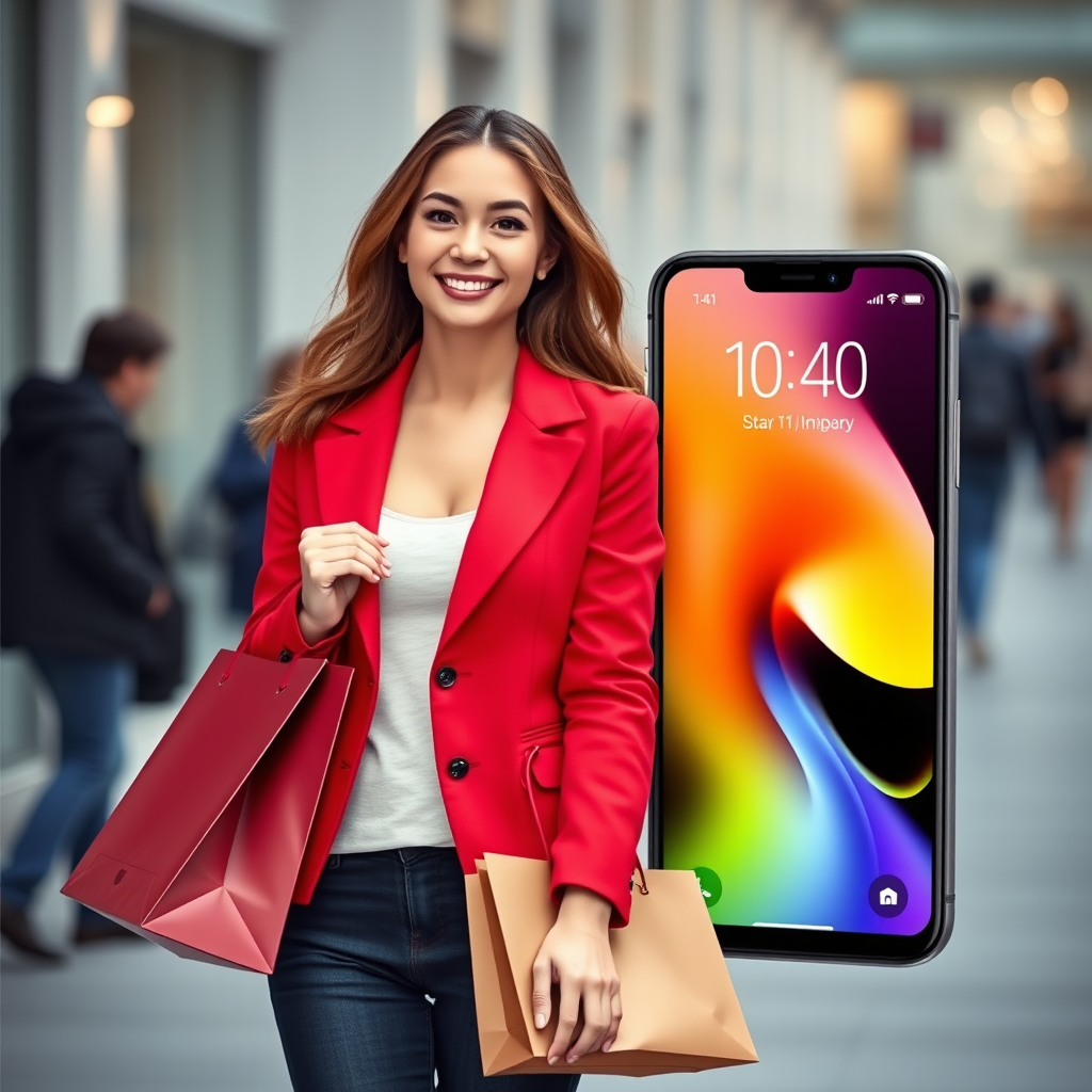 Generate an image of a woman in a red blazer holding shopping bags standing next to a large smartphone displaying the time 10:40, use a high-resolution camera with a 50mm lens, aperture f/2.8, ISO 100, natural daylight, and a slightly blurred background to focus on the subjects.
