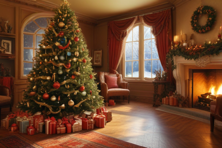 Cozy Christmas Living Room with a Beautifully Decorated Tree and Gifts.