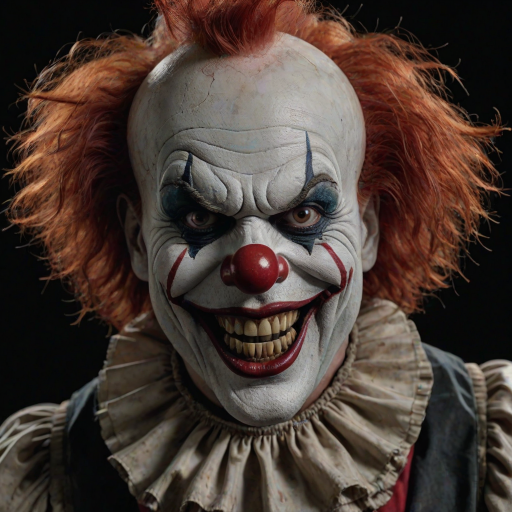 Create a hyper-realistic, dark, and eerie clown with a sinister smile, set against a black background. The clown should have exaggerated makeup with sharp, contrasting colors to enhance its menacing appearance. The overall atmosphere should be unsettling and intense, capturing a sense of horror and suspense