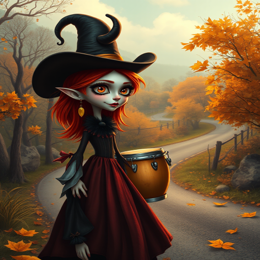 digital art fantasy depicting a strange girl with red hair, long eyelashes, Yellow lipstick and a tall hat walking along a winding road on an autumn afternoon, an Bongo smiles as she passes