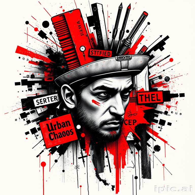 Striking trash polka tattoo named "Urban Chaos" combining bold, graphic elements with realistic imagery in a chaotic yet cohesive composition, utilizing a limited color palette of black and red to create a high-contrast design that incorporates text, geometric shapes, and distressed textures alongside photorealistic portraits or objects, resulting in a powerful and visually arresting tattoo