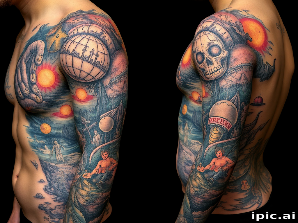 Surrealist tattoo known as "Dreamscape Fusion" blending impossible scenes and distorted imagery to create a mind-bending visual narrative across the body