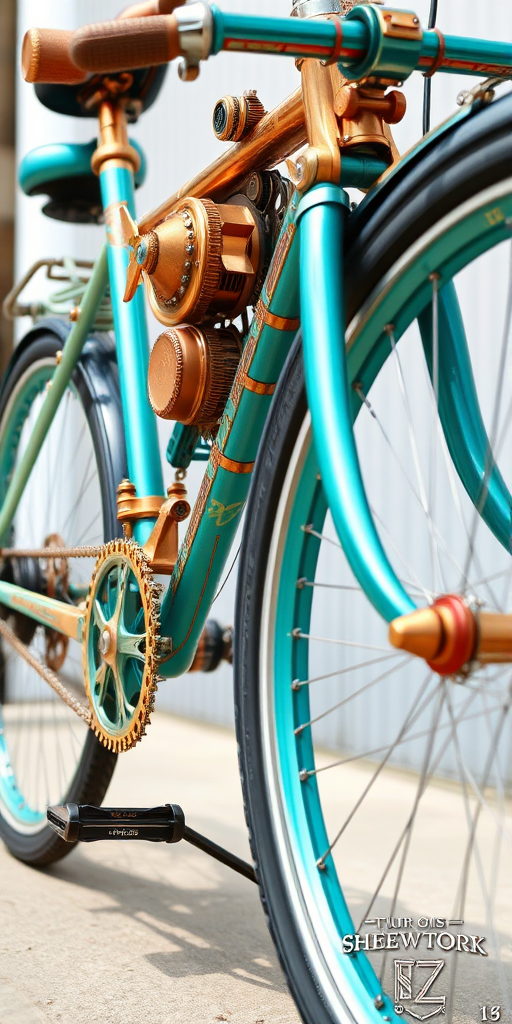 Create a highly detailed illustration of a steampunk bicycle with copper and teal accents, showcasing intricate gears and mechanisms, captured from a low-angle view using a DSLR camera with a 50mm lens, aperture set to f/1.8 for a shallow depth of field, ISO 100 for minimal noise, and shot with natural lighting for enhanced clarity and vibrance.